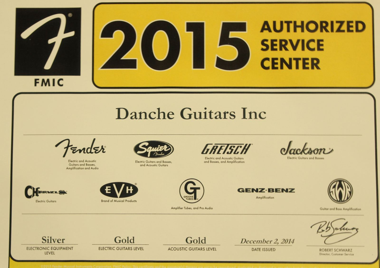 Fender Authorized Service Center certificate for Danche Guitars Inc
